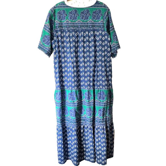 Vermont Country Store Dress L Blue Green Floral Tiered Midi Cotton Boho Mumu - Picture 2 of 15